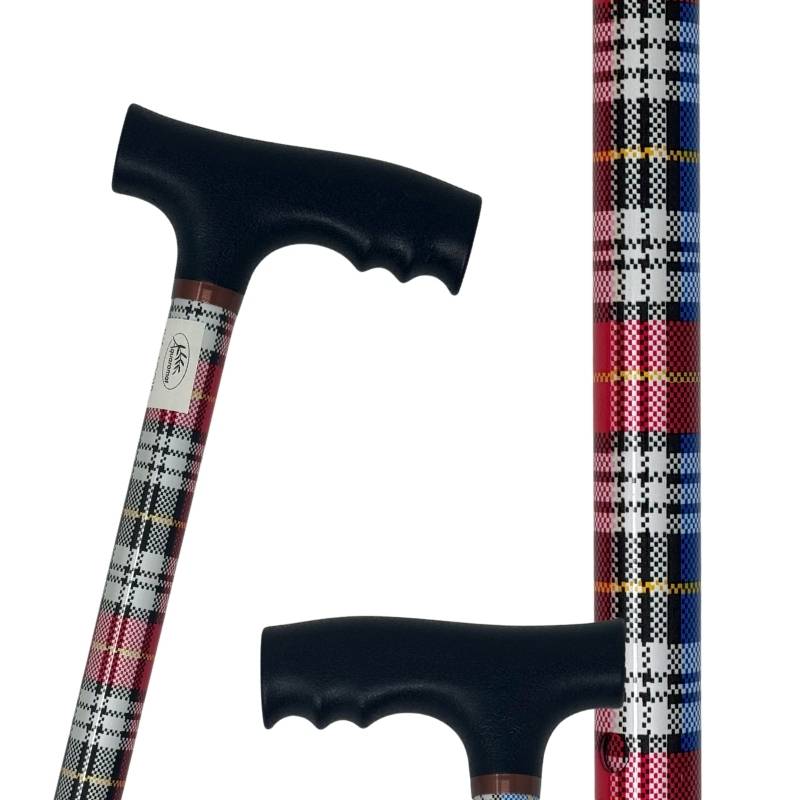 canne de marche en aluminium, réglable 10 positions et motif bleu et rouge écossais