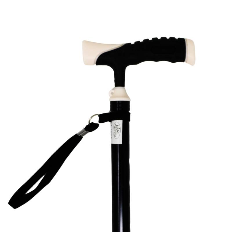 Canne pliante noire avec poignée bimatière noire et blanche