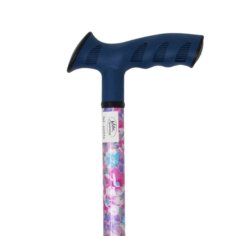 canne de marche en aluminium rose et motifs fleurs