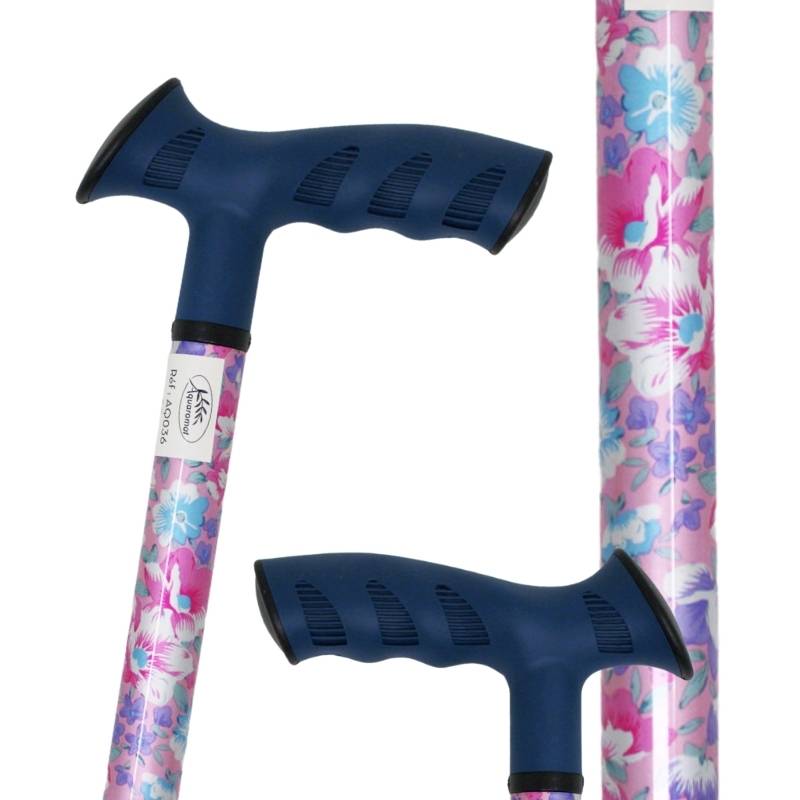 canne de marche en aluminium rose et motifs fleurs