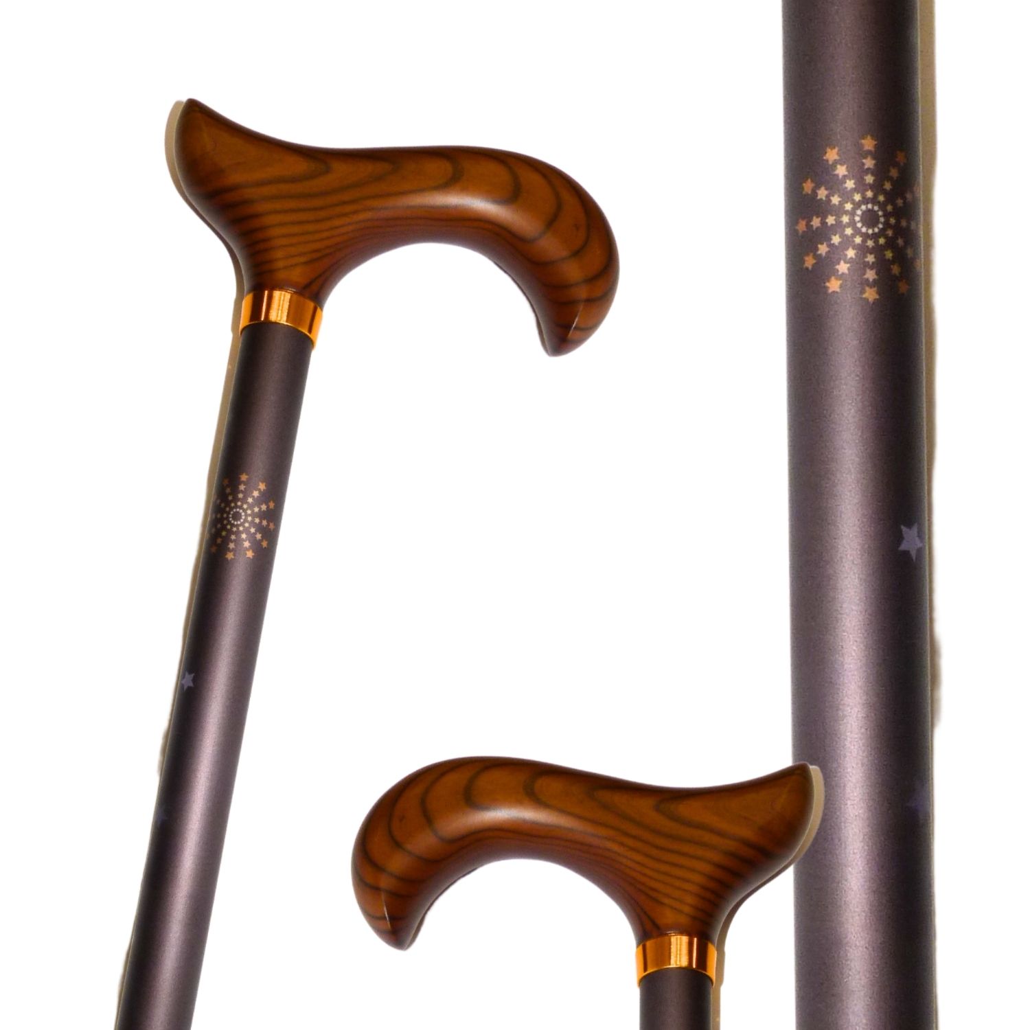 Canne de marche réglable motif étoilé tube alu marron