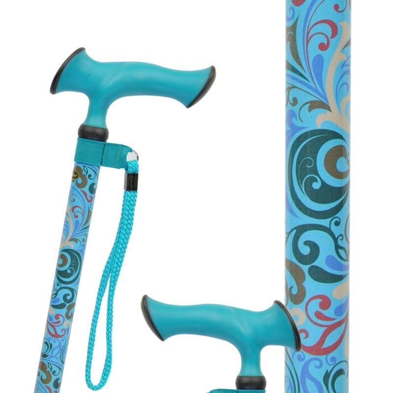 Canne d'aide à la marche motif cachemire bleu dragonne et poignée ergonomique