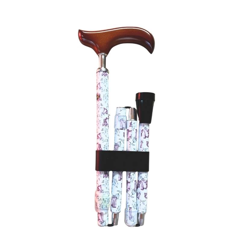 Canne de marche pliante motifs fleurs et poignée bois luxe