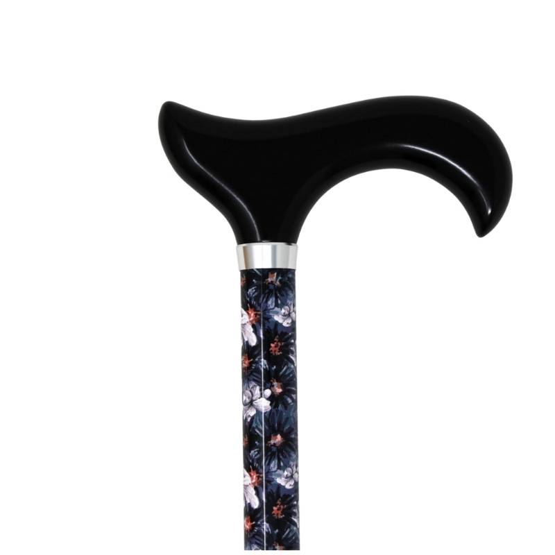 Canne de marche bleu nuit et motif floral, poignée noire