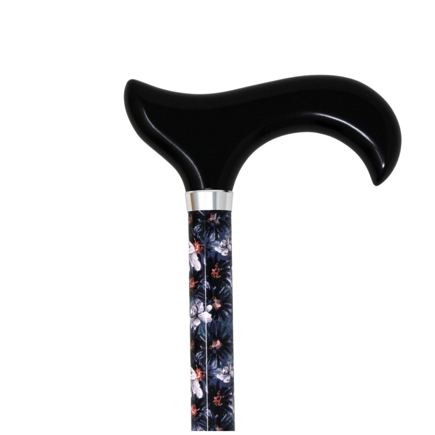 Canne de marche bleu nuit et motif floral, poignée noire