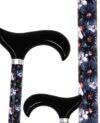 Canne de marche bleu nuit et motif floral, poignée noire