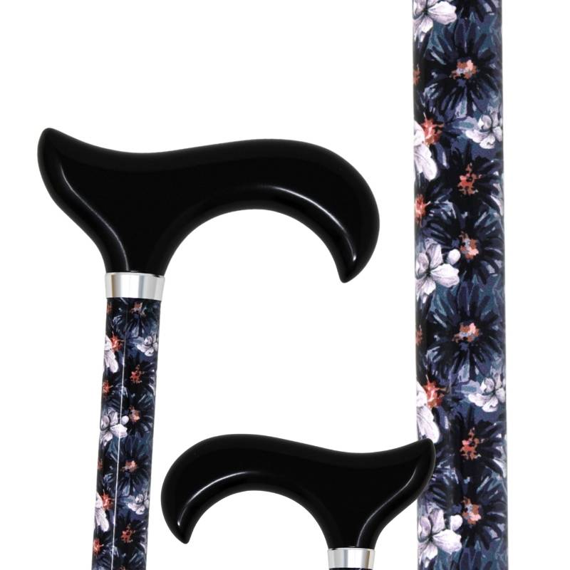 Canne de marche bleu nuit et motif floral, poignée noire