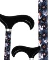 Canne de marche bleu nuit et motif floral, poignée noire