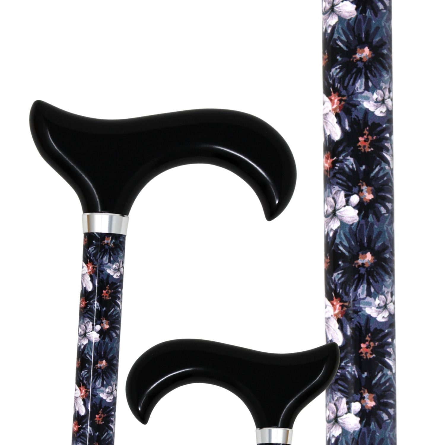 Canne de marche bleu nuit et motif floral, poignée noire