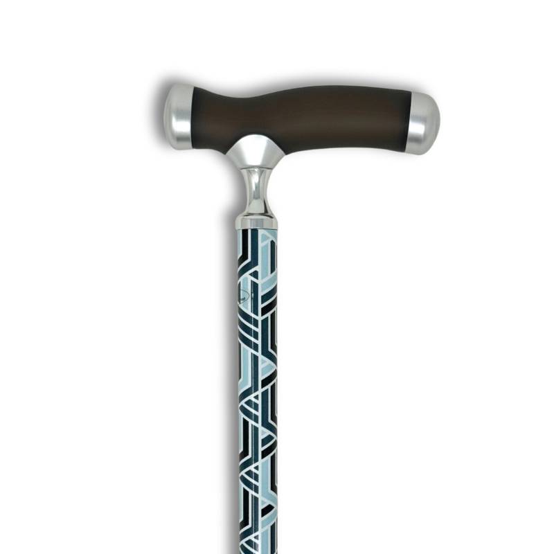 canne de marche motifs géométriques bleus et poignée en silicone