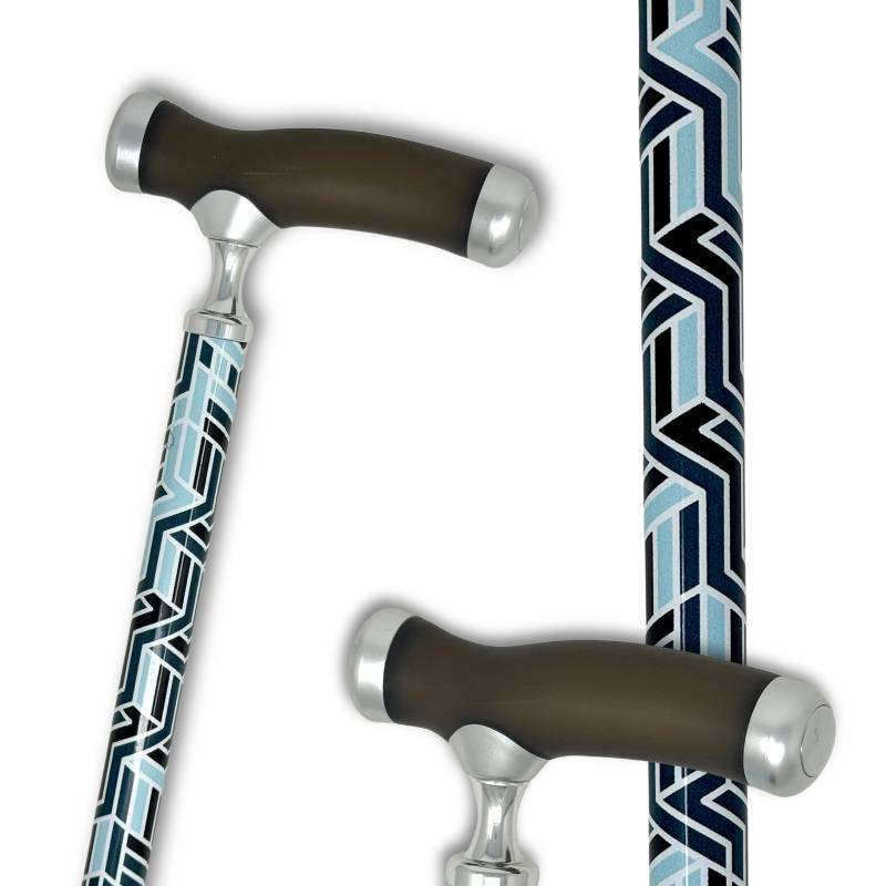 canne de marche motifs géométriques bleus et poignée en silicone